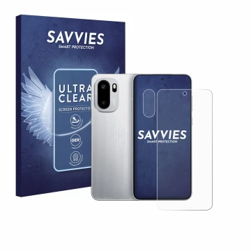 Front side of a product packaging with the brand logo Savvies. Next to it is the device OnePlus 15R (Front+Camera) shown with 