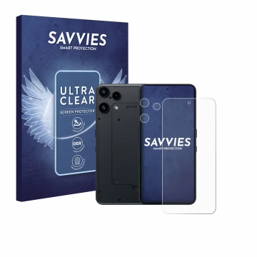 Front side of a product packaging with the brand logo Savvies. Next to it is the device Nothing Phone (3a) Lite (Front+Camera)