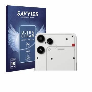Front side of a product packaging with the brand logo Savvies. Next to it is the device Nothing Phone (3a) Lite (ONLY Camera L