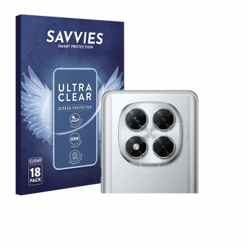 Front side of a product packaging with the brand logo Savvies. Next to it is the device Xiaomi Poco X7 (ONLY Camera Lens) show