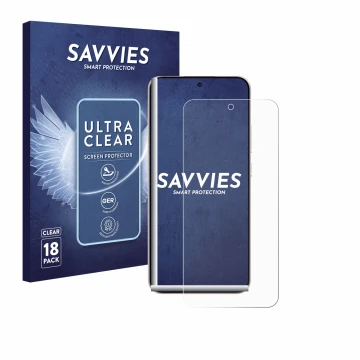 Front side of a product packaging with the brand logo Savvies. Next to it is the device Oppo Reno 14 shown with the correspond