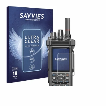 Front side of a product packaging with the brand logo Savvies. Next to it is the device Radtel RT-950 Pro shown with the corre