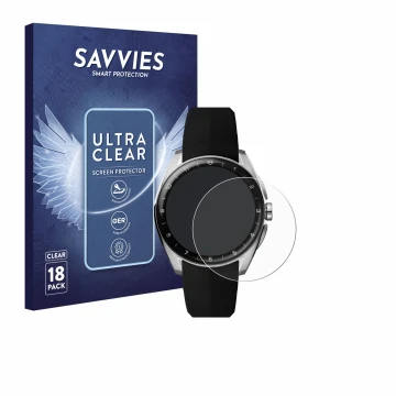 Front side of a product packaging with the brand logo Savvies. Next to it is the device TAG Heuer Connected Calibre E5 (40 mm)