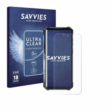 Front side of a product packaging with the brand logo Savvies. Next to it is the device Oukitel WP53 Pro shown with the corres