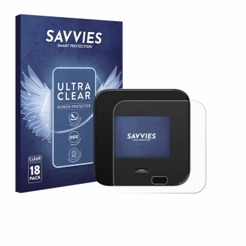 Front side of a product packaging with the brand logo Savvies. Next to it is the device Netgear Nighthawk M7 Pro shown with th