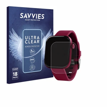 Front side of a product packaging with the brand logo Savvies. Next to it is the device Reflex Active Berry AMOLED 1.85