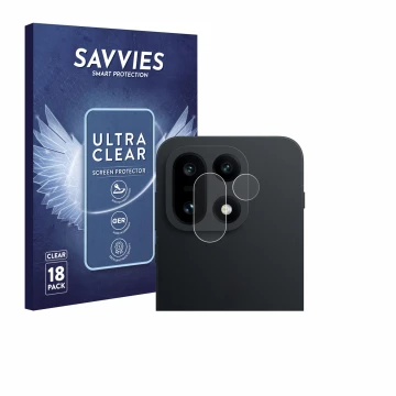 Front side of a product packaging with the brand logo Savvies. Next to it is the device OnePlus 15 (ONLY Camera Lens) shown wi