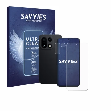 Front side of a product packaging with the brand logo Savvies. Next to it is the device OnePlus 15 (Front+Camera) shown with t
