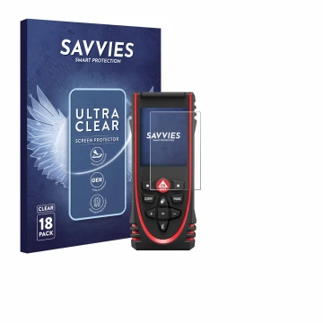 Front side of a product packaging with the brand logo Savvies. Next to it is the device Leica DISTO X3 shown with the correspo