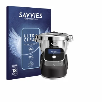 Front side of a product packaging with the brand logo Savvies. Next to it is the device Moulinex i-Companion Touch Pro shown w