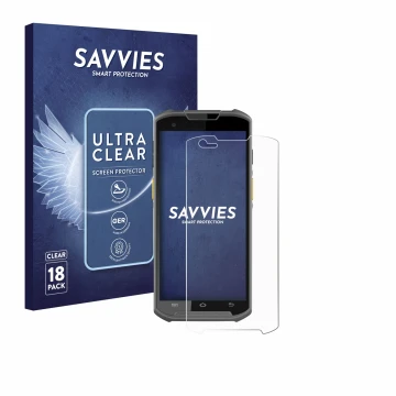 Front side of a product packaging with the brand logo Savvies. Next to it is the device Newland MT93 shown with the correspond