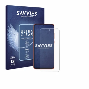 Front side of a product packaging with the brand logo Savvies. Next to it is the device Motorola Edge 60 Neo shown with the co