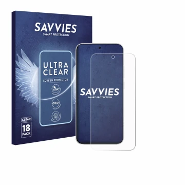 Front side of a product packaging with the brand logo Savvies. Next to it is the device Xiaomi Redmi Note 15 Pro shown with th