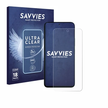 Front side of a product packaging with the brand logo Savvies. Next to it is the device Xiaomi Poco M7 Plus shown with the cor