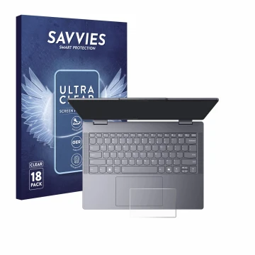 Front side of a product packaging with the brand logo Savvies. Next to it is the device Lenovo IdeaPad 5 2-in-1 14