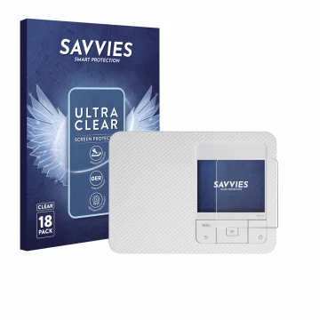 Front side of a product packaging with the brand logo Savvies. Next to it is the device Canon Selphy CP1500 Mini shown with th
