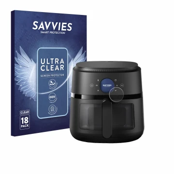 Front side of a product packaging with the brand logo Savvies. Next to it is the device Philips Airfryer 2000 Gen 2 6,2L shown