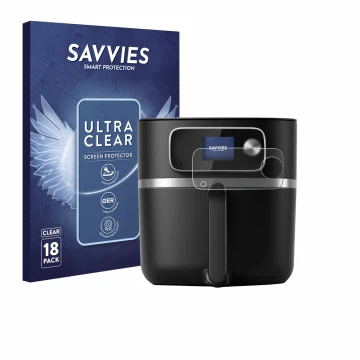 Front side of a product packaging with the brand logo Savvies. Next to it is the device Philips Airfryer HD9880/90 shown with 