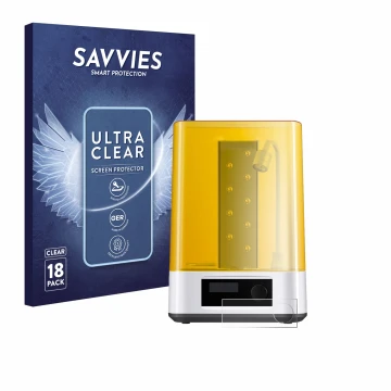 Front side of a product packaging with the brand logo Savvies. Next to it is the device Anycubic Wash & Cure 3 shown with the 