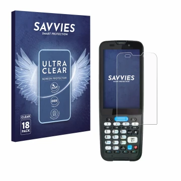 Front side of a product packaging with the brand logo Savvies. Next to it is the device Unitech HT330 shown with the correspon