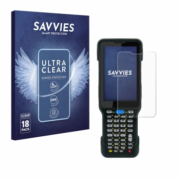 Front side of a product packaging with the brand logo Savvies. Next to it is the device Unitech HT730 shown with the correspon
