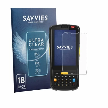 Front side of a product packaging with the brand logo Savvies. Next to it is the device Newland MT65 Beluga V shown with the c