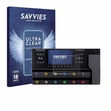 Front side of a product packaging with the brand logo Savvies. Next to it is the device Line 6 Helix Stadium XL shown with the