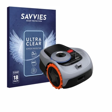 Front side of a product packaging with the brand logo Savvies. Next to it is the device Navimow i105E+ shown with the correspo