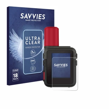 Front side of a product packaging with the brand logo Savvies. Next to it is the device Garmin inReach Mini 3 Plus shown with 