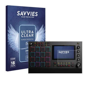 Front side of a product packaging with the brand logo Savvies. Next to it is the device Akai MPC Live III shown with the corre