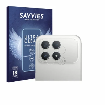 Front side of a product packaging with the brand logo Savvies. Next to it is the device Xiaomi Poco F8 Pro (ONLY Camera Lens) 