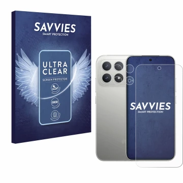 Front side of a product packaging with the brand logo Savvies. Next to it is the device Xiaomi Poco F8 Pro (Front+Camera) show