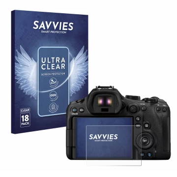 Front side of a product packaging with the brand logo Savvies. Next to it is the device Canon EOS R6 Mark III shown with the c