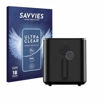 Front side of a product packaging with the brand logo Savvies. Next to it is the device Xiaomi Air Fryer 6.5 L shown with the 