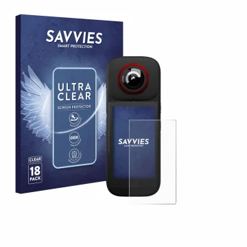 Front side of a product packaging with the brand logo Savvies. Next to it is the device Labpano PanoX V3 360° shown with the c