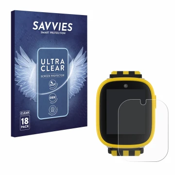 Front side of a product packaging with the brand logo Savvies. Next to it is the device Xplora X6 Play BVB-Edition shown with 