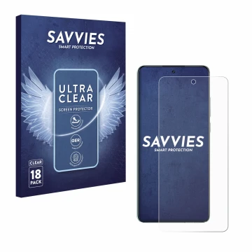 Front side of a product packaging with the brand logo Savvies. Next to it is the device Oppo K13 shown with the corresponding 