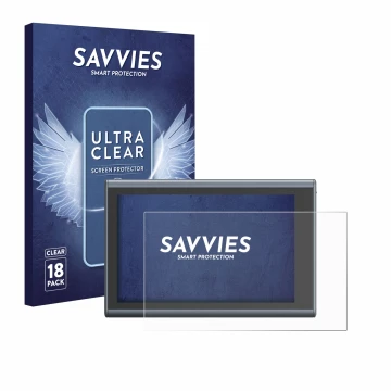 Front side of a product packaging with the brand logo Savvies. Next to it is the device SmallRig Wireless Monitor shown with t