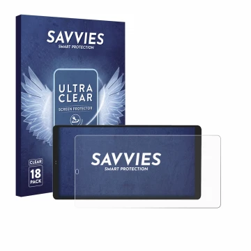 Front side of a product packaging with the brand logo Savvies. Next to it is the device Shelly Wall Display X2 shown with the 