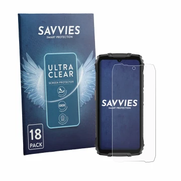 Front side of a product packaging with the brand logo Savvies. Next to it is the device Ulefone RugKing 4 Pro shown with the c