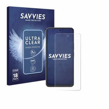 Front side of a product packaging with the brand logo Savvies. Next to it is the device Cubot Note 60 shown with the correspon