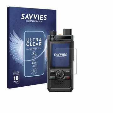 Front side of a product packaging with the brand logo Savvies. Next to it is the device Hytera P50 shown with the correspondin