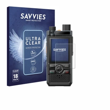 Front side of a product packaging with the brand logo Savvies. Next to it is the device Hytera P50 Pro shown with the correspo
