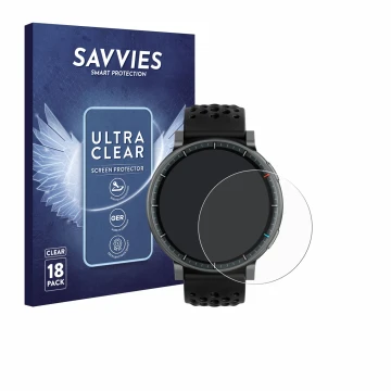 Front side of a product packaging with the brand logo Savvies. Next to it is the device Amazfit Active Max shown with the corr