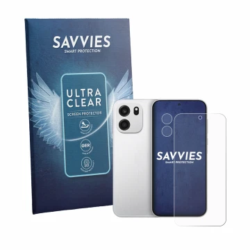 Front side of a product packaging with the brand logo Savvies. Next to it is the device OnePlus Turbo 6V (Front+Camera) shown 