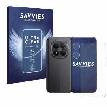 Front side of a product packaging with the brand logo Savvies. Next to it is the device Xiaomi Poco M8 Pro (Front+Camera) show