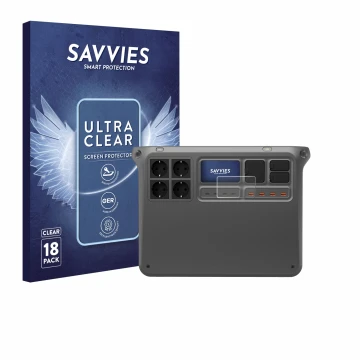 Front side of a product packaging with the brand logo Savvies. Next to it is the device DJI Power 2000 shown with the correspo
