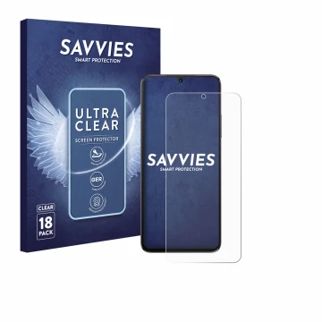 Front side of a product packaging with the brand logo Savvies. Next to it is the device Cubot A40 shown with the corresponding
