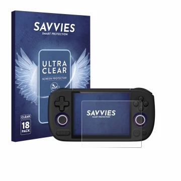 Front side of a product packaging with the brand logo Savvies. Next to it is the device Ayaneo Pocket Air Mini shown with the 