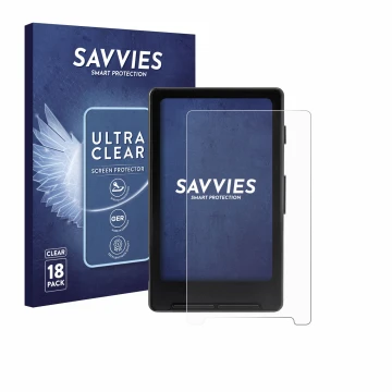 Front side of a product packaging with the brand logo Savvies. Next to it is the device Xteink X4 shown with the corresponding